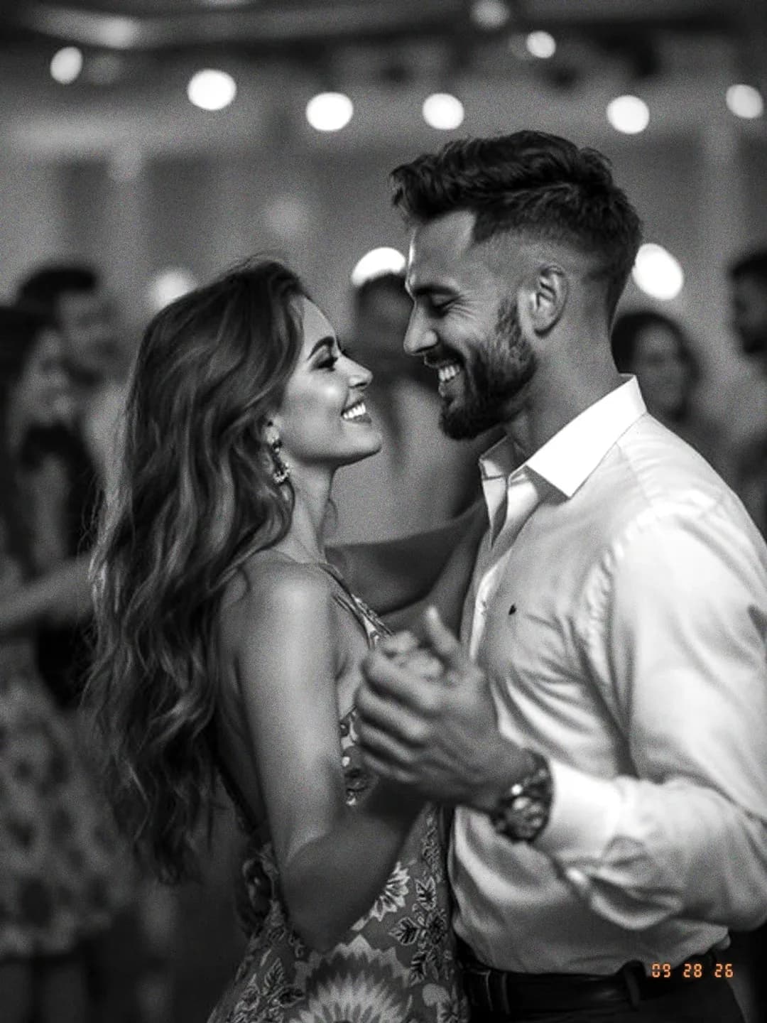 A couple dancing, in black and white