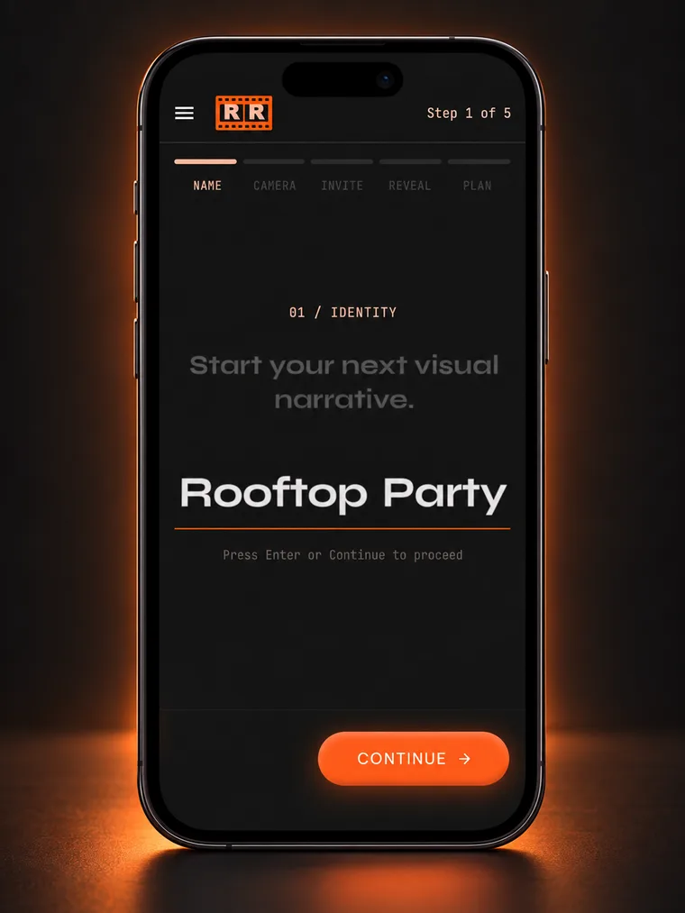 The RevealRoll setup wizard naming a new event, Rooftop Party